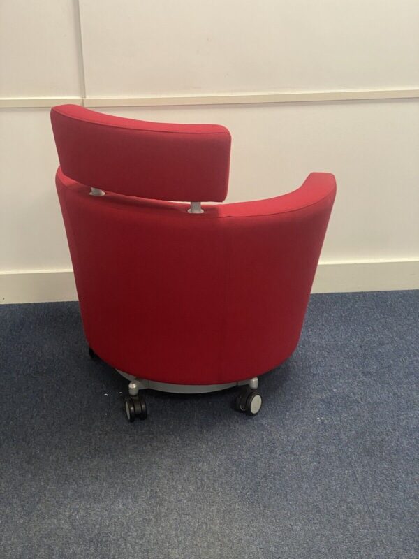 Haworth Club tub chair Red Hopsack cloth Situated On Aluminium Skate Base - Image 3
