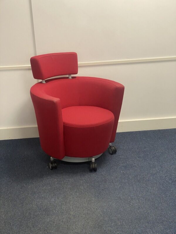 Haworth Club tub chair Red Hopsack cloth Situated On Aluminium Skate Base - Image 2