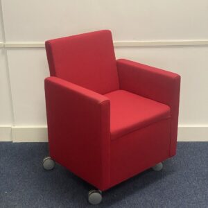 Haworth Cube tub chair In Red Hopsack cloth Situated On Aluminium Skate Base