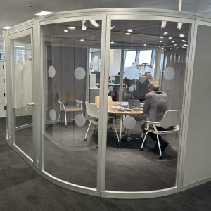 orangebox Airea 150 square booth glazed Pod with double doors, air con, data and power