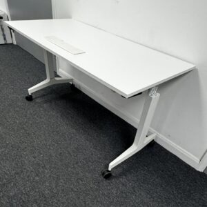 Flip Top Tables 1400 x 700 White Top on White Frame with Cable Data Port
