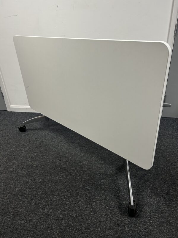 Flip Top Soft Corner Folding tables 1500mm x 750mm White on Aluminium Silver Frame with Wheels - Image 3