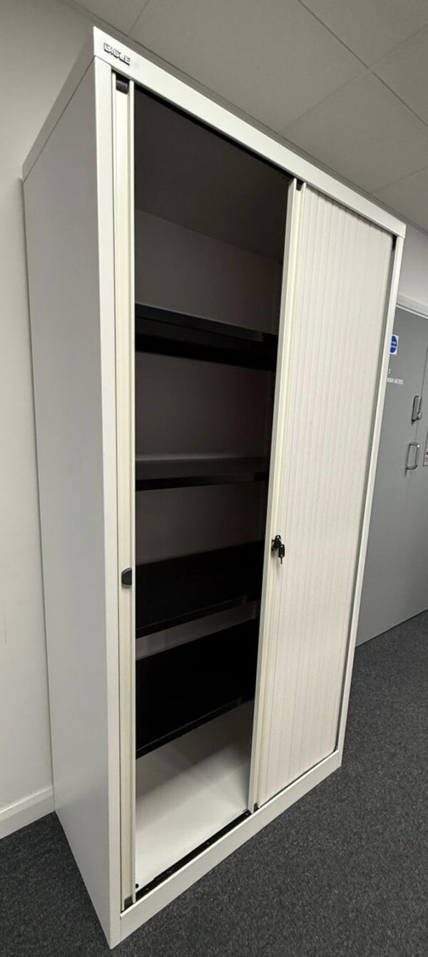 Bisley 2.0m double door side tambour cupboard in White with White Doors - Image 7