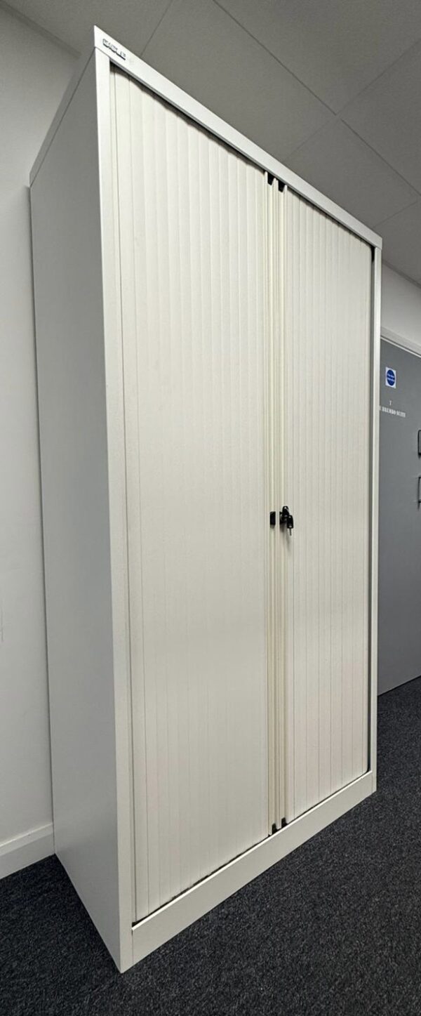 Bisley 2.0m double door side tambour cupboard in White with White Doors - Image 3