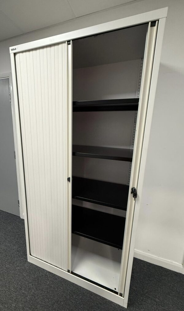Bisley 2.0m double door side tambour cupboard in White with White Doors - Image 4