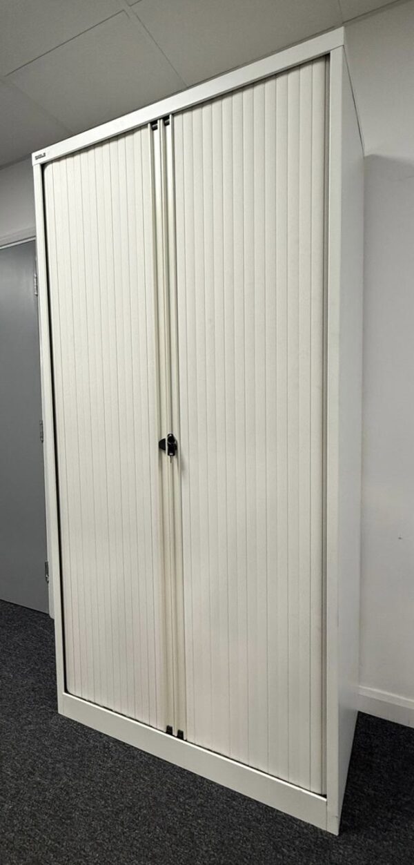 Bisley 2.0m double door side tambour cupboard in White with White Doors - Image 2