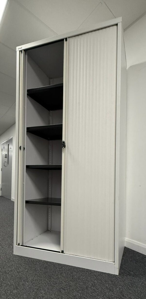 Bisley 2.0m double door side tambour cupboard in White with White Doors - Image 6