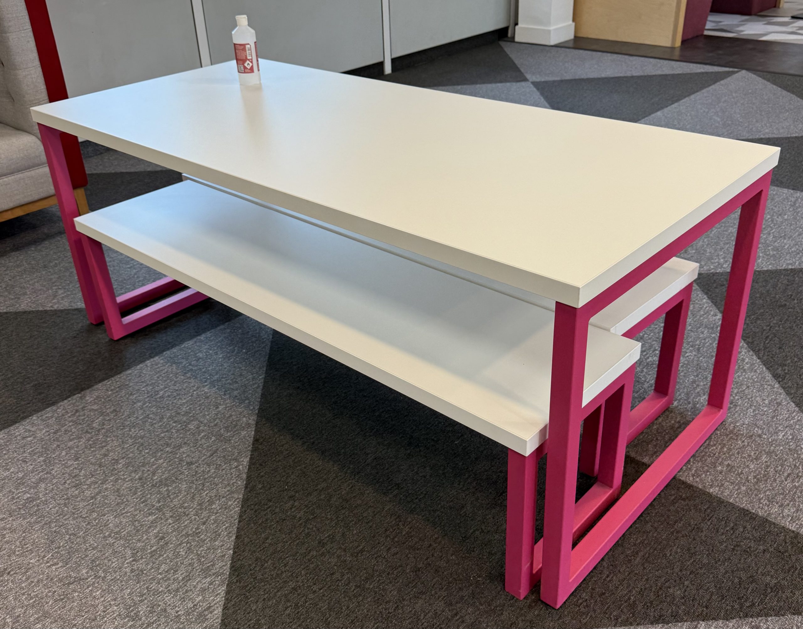 Pink metal frame table and bench set 